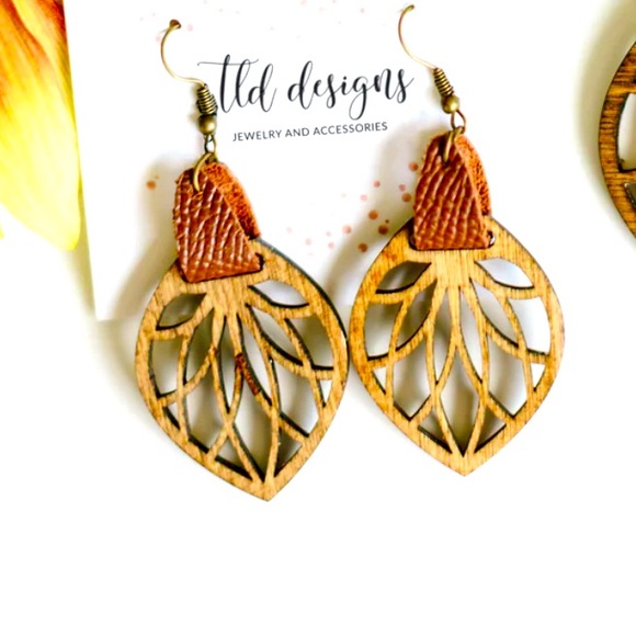 Wooden Earrings with Brown Leather (small) - Picture 1 of 1